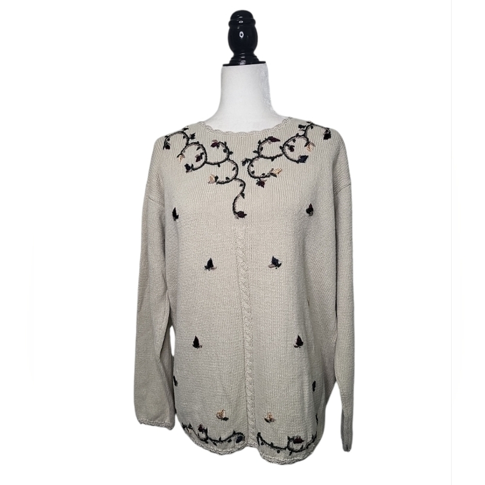 Vintage Tradition Women's Sweater Size L Pullover Embroidered Knit Beige